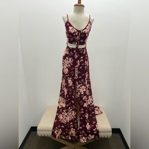 L'ATISTE Burgundy and Pink Floral Cut Out Dress
